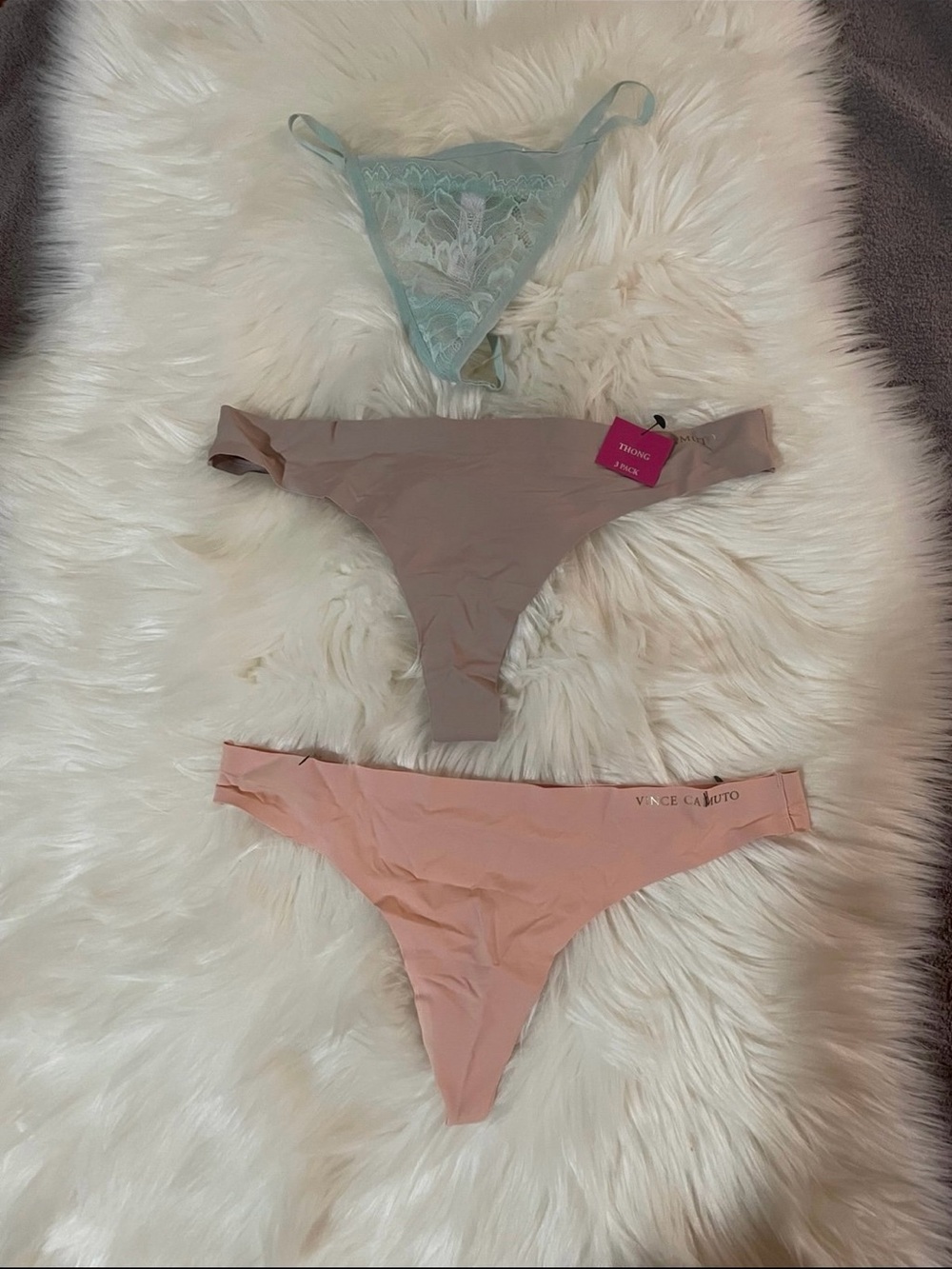Vince Camuto Three-Pack Thong Set in Mint, Taupe & Peach